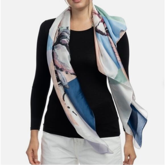 Vince Camuto Scarf Womens One Size Blue Colorful Floral Grandma Eclectic Retro - Picture 1 of 7